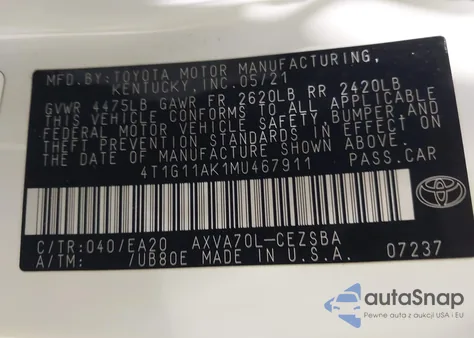 2021 Toyota Camry Se из США, поврежденный, VIN 4T1G11AK1MU467911